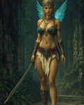 GRID THUMBNAIL — Armoured fairy warrior with teal wings and ornate sword stands in overgrown stone ruins, wearing jewelled headpiece and bracers, lit by soft forest light.