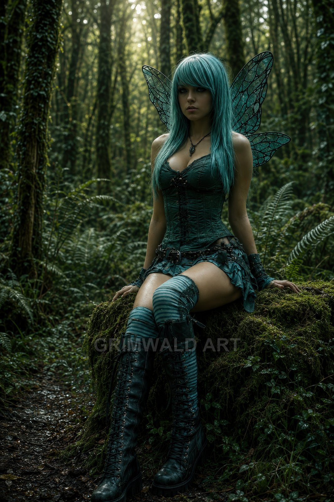 Emerald-haired fairy with translucent veined wings sits on a mossy log in a dense forest, wearing a dark corset and tall boots under dappled daylight.
