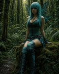 GRID THUMBNAIL — Emerald-haired fairy with translucent veined wings sits on a mossy log in a dense forest, wearing a dark corset and tall boots under dappled daylight.