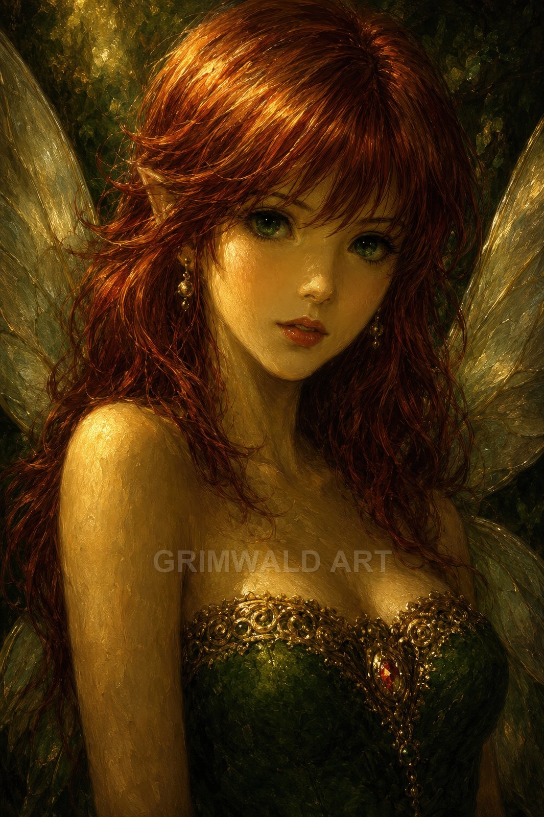 Close-up portrait of a red-haired fairy with translucent wings, emerald jewelled bodice and warm golden light, set against a softly shadowed forest.