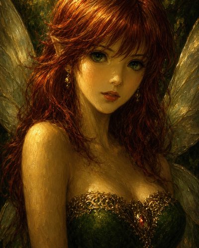 GRID THUMBNAIL — Close-up portrait of a red-haired fairy with translucent wings, emerald jewelled bodice and warm golden light, set against a softly shadowed forest.
