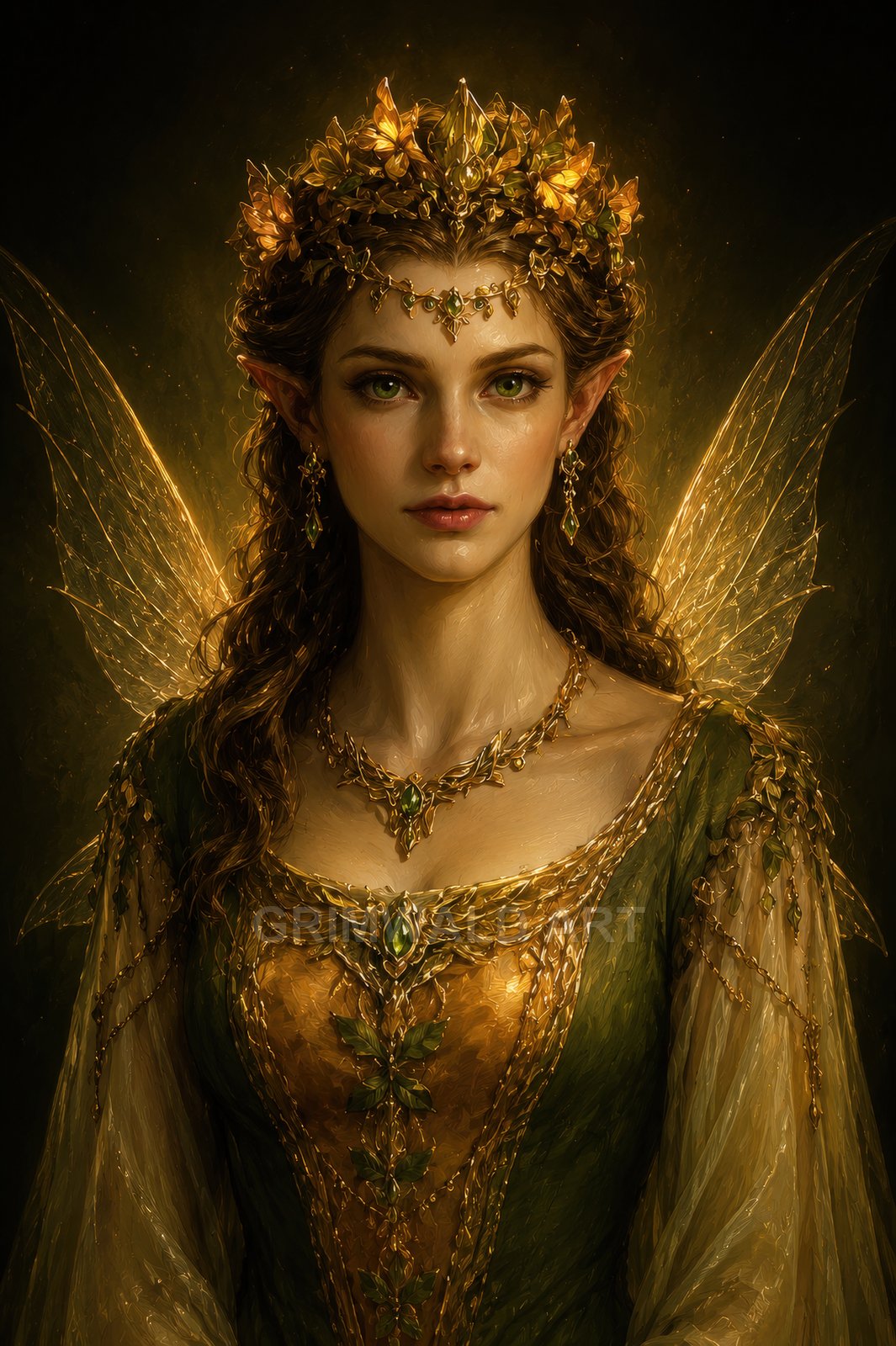 Portrait of a golden-lit fairy queen with delicate wings, pointed ears, emerald jewellery and ornate green-gold gown against a dark, atmospheric background.