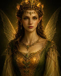 GRID THUMBNAIL — Portrait of a golden-lit fairy queen with delicate wings, pointed ears, emerald jewellery and ornate green-gold gown against a dark, atmospheric background.