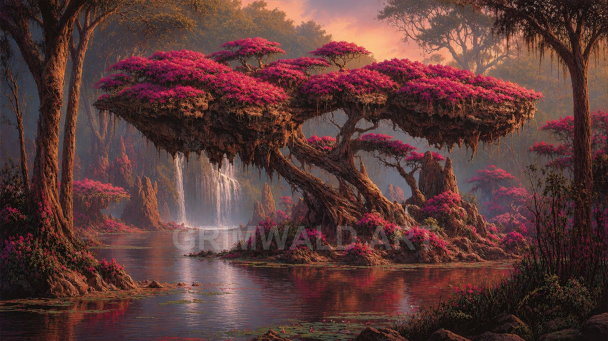 Fantastical lake scene with a sprawling ancient tree crowned by pink blossoms, reflective water, and a distant waterfall beneath a warm sunset sky.