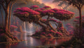 GRID THUMBNAIL — Fantastical lake scene with a sprawling ancient tree crowned by pink blossoms, reflective water, and a distant waterfall beneath a warm sunset sky.