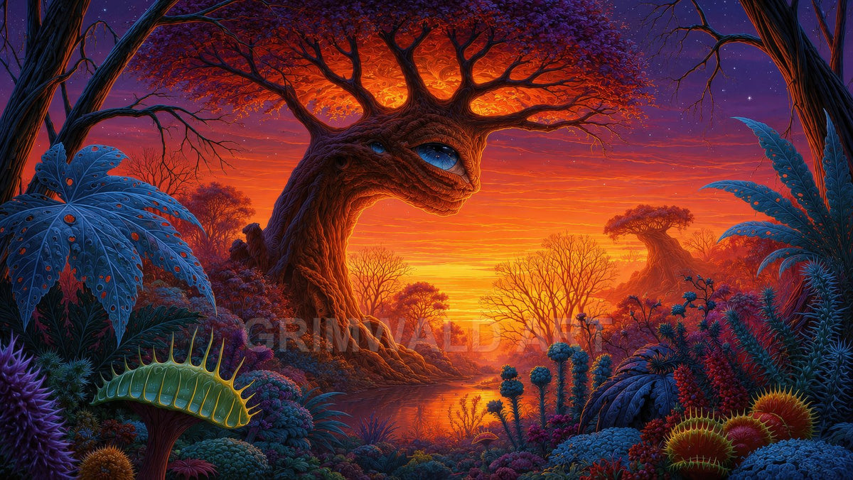 Surreal fantasy landscape with a sentient tree bearing a blue eye beside a reflective river at vivid sunset, surrounded by alien foliage.