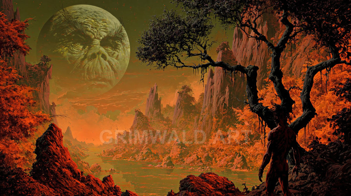 A jagged river valley with orange foliage and dark trees beneath a looming moon bearing a craggy face, under moody green sky at night.