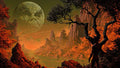 GRID THUMBNAIL — A jagged river valley with orange foliage and dark trees beneath a looming moon bearing a craggy face, under moody green sky at night.