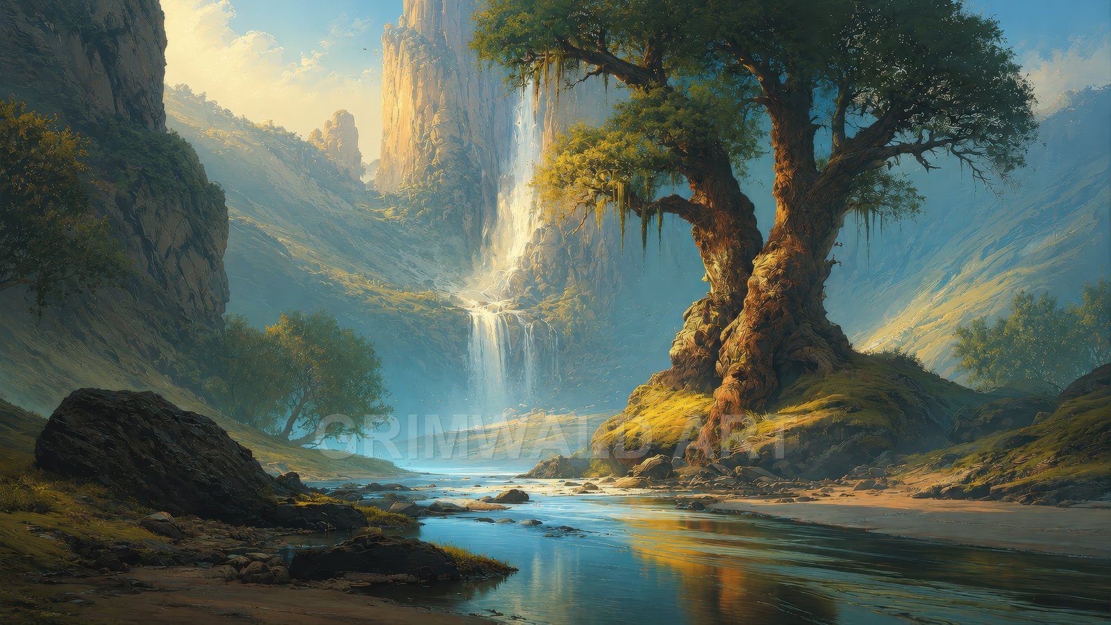 Majestic fantasy valley with towering cliffs, cascading waterfall, ancient gnarled tree and clear river, bathed in soft golden-hour light with drifting mist.