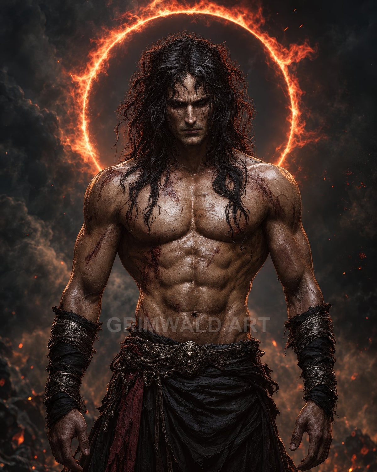 Muscular, battle-scarred male barbarian stands shirtless before a flaming halo, firelit smoke swirling behind, wearing ornate bracers and dark tattered garments.