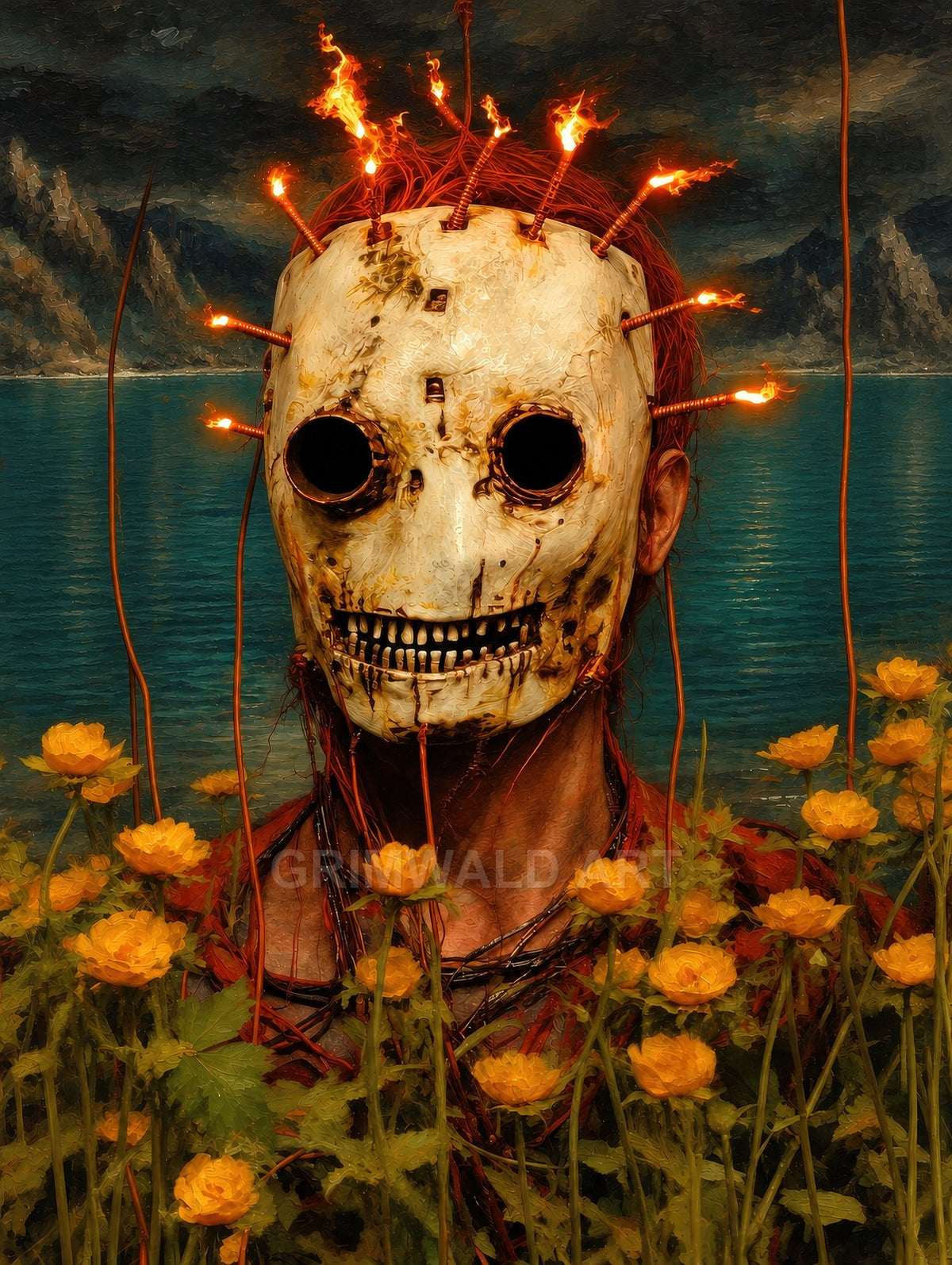 A human figure wearing a weathered skull mask pierced by flaming spikes stands amid yellow flowers before a teal mountain lake under brooding twilight clouds.
