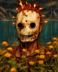 GRID THUMBNAIL — A human figure wearing a weathered skull mask pierced by flaming spikes stands amid yellow flowers before a teal mountain lake under brooding twilight clouds.