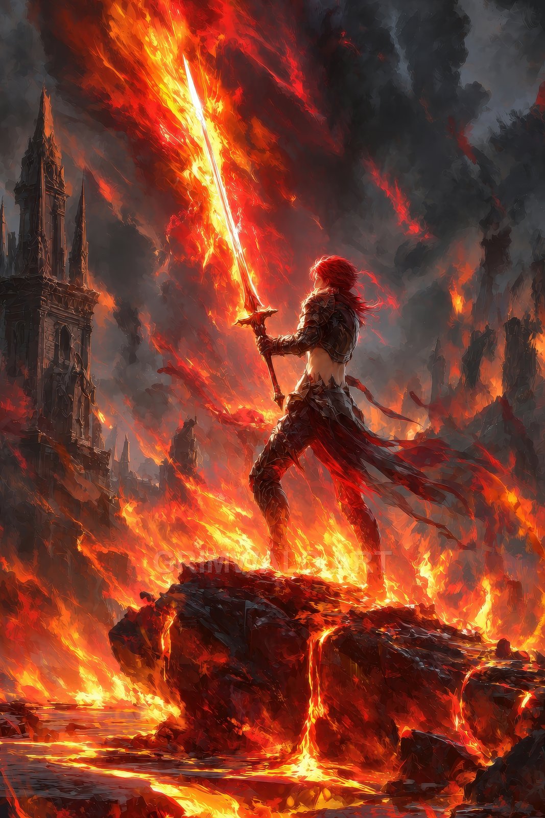 Armoured warrior raising a fiery greatsword on lava-scorched rock, flames and smoke swirling, ruined gothic tower behind under dark, ash-filled skies.