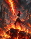 GRID THUMBNAIL — Armoured warrior raising a fiery greatsword on lava-scorched rock, flames and smoke swirling, ruined gothic tower behind under dark, ash-filled skies.