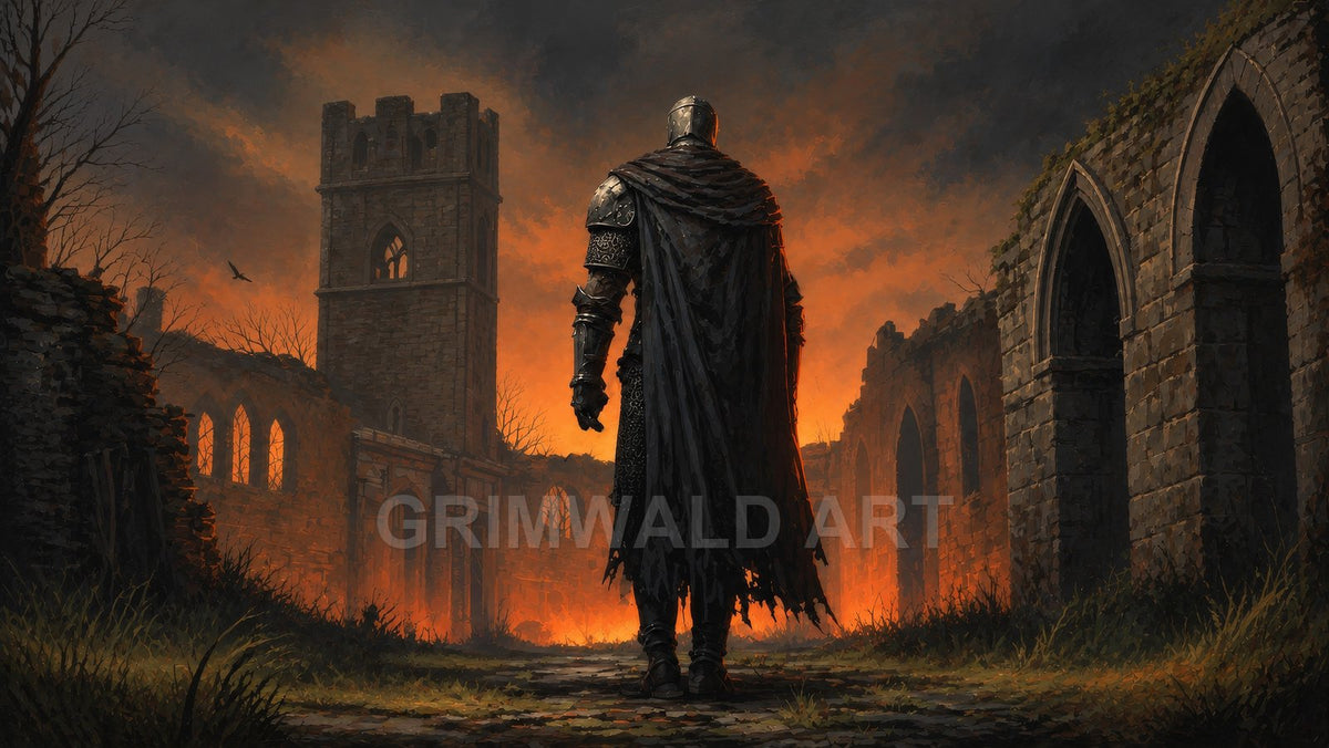 A lone armoured figure stands before a firelit ruined cathedral and tower, under smoky twilight skies, with arched windows glowing and a crow overhead.