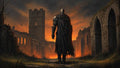 GRID THUMBNAIL — A lone armoured figure stands before a firelit ruined cathedral and tower, under smoky twilight skies, with arched windows glowing and a crow overhead.