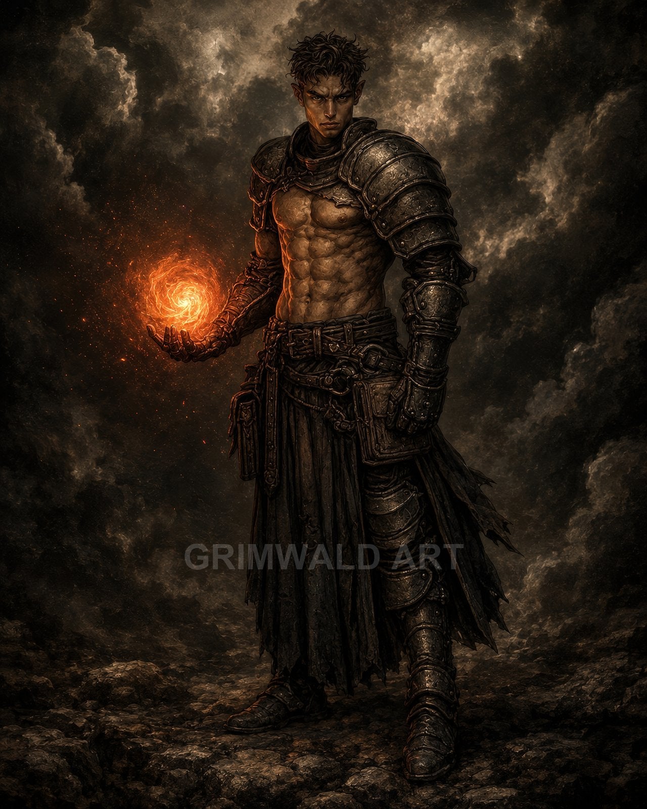 Armoured male sorcerer stands on rocky ground, conjuring a glowing fireball in his hand against swirling storm clouds and smoky darkness.