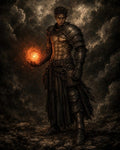 GRID THUMBNAIL — Armoured male sorcerer stands on rocky ground, conjuring a glowing fireball in his hand against swirling storm clouds and smoky darkness.