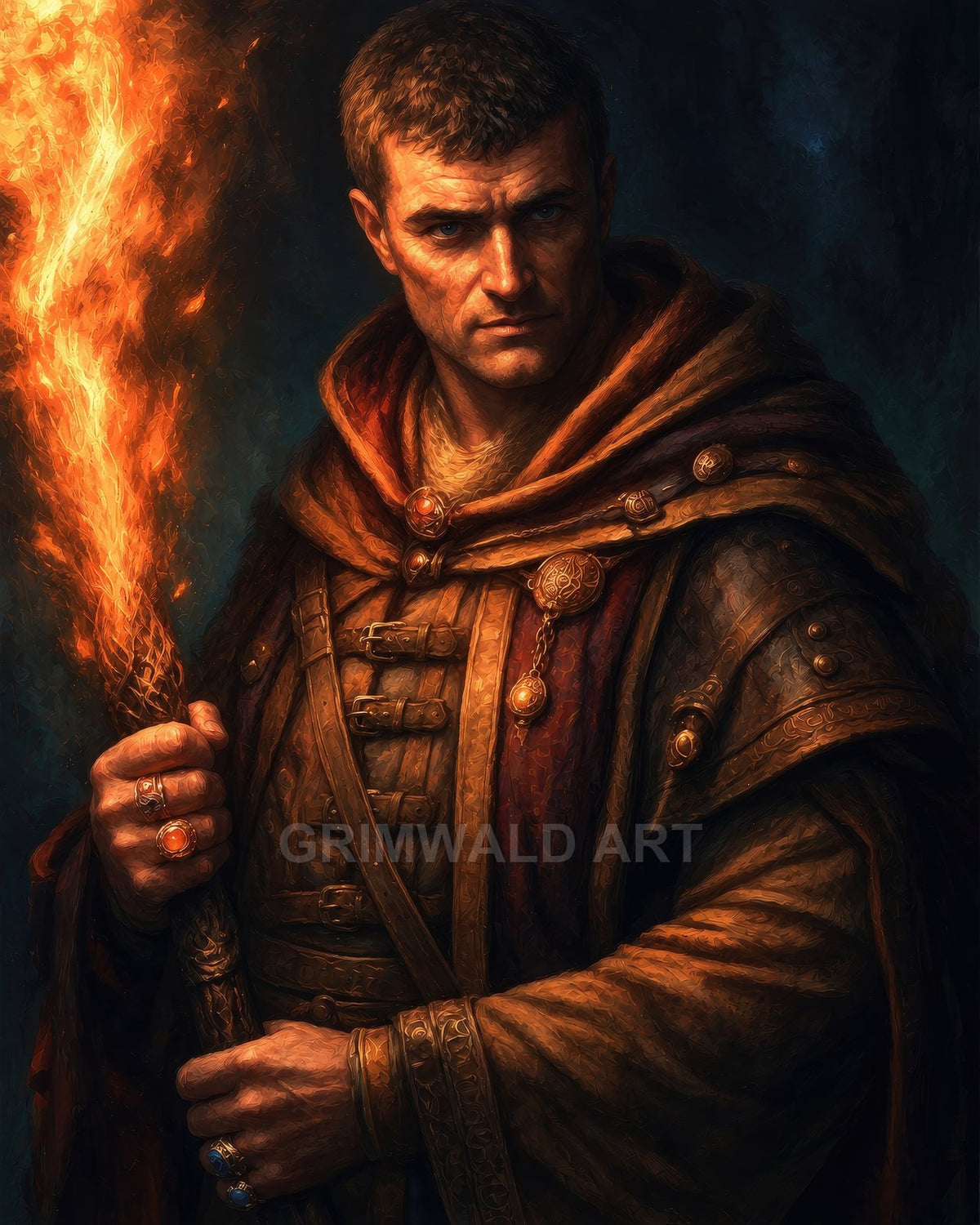 A stern male mage in ornate medieval robes grips a flaming staff, firelight illuminating his rings and cloak against a dark, moody background.