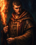 GRID THUMBNAIL — A stern male mage in ornate medieval robes grips a flaming staff, firelight illuminating his rings and cloak against a dark, moody background.