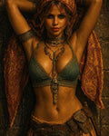 GRID THUMBNAIL — Firelit portrait of a roguish woman with headscarf and layered jewellery, arms raised against a stone wall, belts and dagger at hip.
