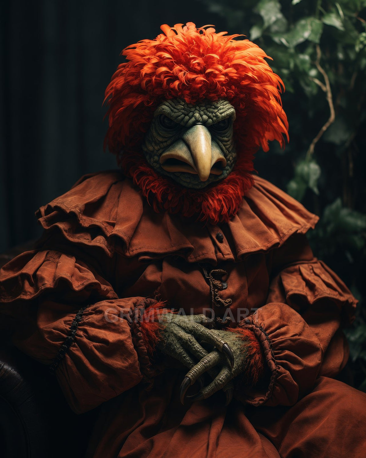 Bird-headed demon in an ornate orange ruffled robe sits with clawed hands folded, warmly lit against a dark interior with foliage.