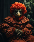 GRID THUMBNAIL — Bird-headed demon in an ornate orange ruffled robe sits with clawed hands folded, warmly lit against a dark interior with foliage.
