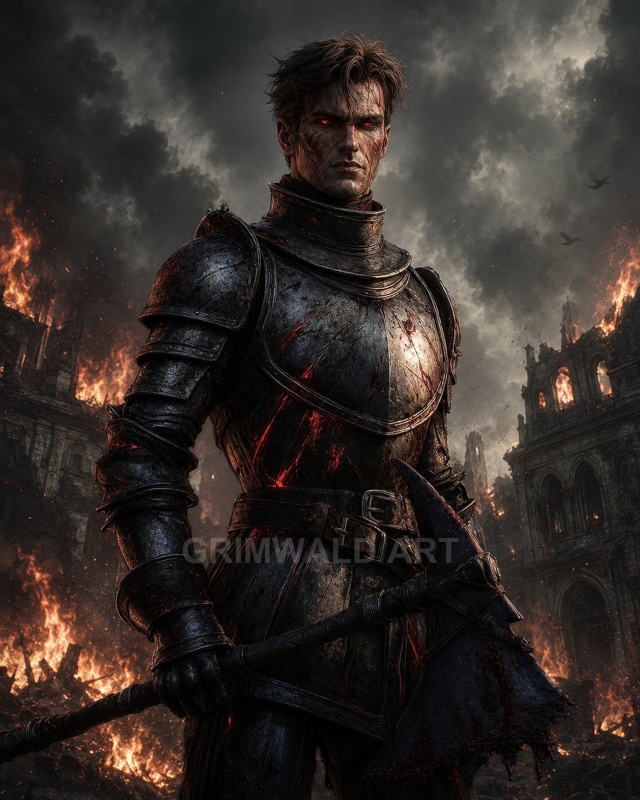 Armoured male knight with glowing red eyes holding a bloodstained axe, standing before burning gothic ruins under smoke-dark skies and drifting embers.