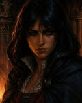 GRID THUMBNAIL — Firelit portrait of a dark-haired woman in a blue cloak with brooch clasps, intense blue eyes, standing before stone columns in a dim interior.