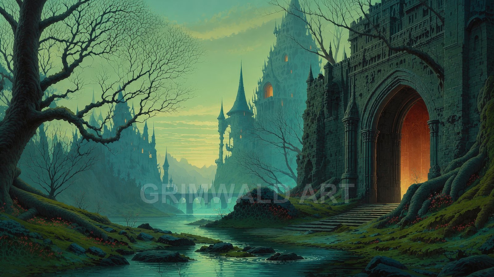 A teal dusk landscape with a towering gothic castle, warm firelit gate, arched bridge over a calm river, leafless trees and distant mountains.