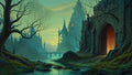 GRID THUMBNAIL — A teal dusk landscape with a towering gothic castle, warm firelit gate, arched bridge over a calm river, leafless trees and distant mountains.