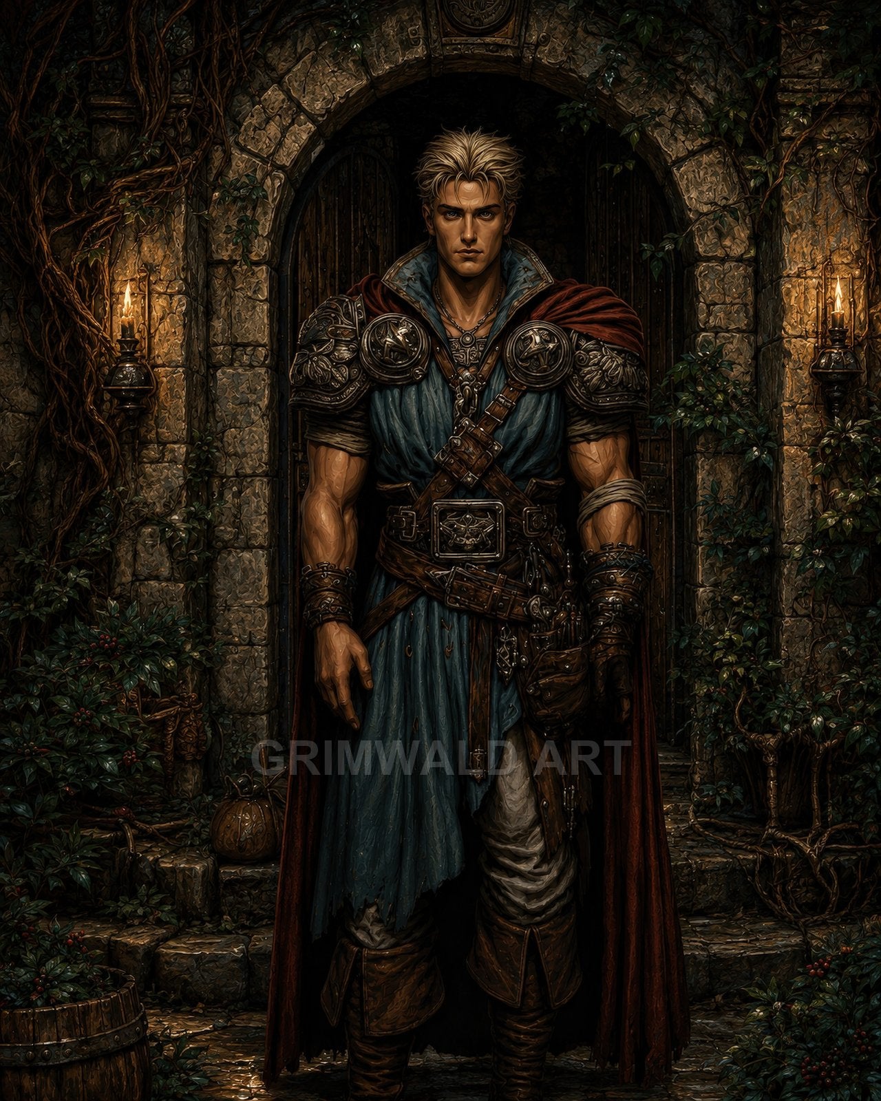 A blond, muscular male warrior in ornate leather and metal armour stands before a vine-covered stone archway, lit by twin torches.
