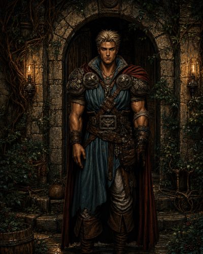 GRID THUMBNAIL — A blond, muscular male warrior in ornate leather and metal armour stands before a vine-covered stone archway, lit by twin torches.