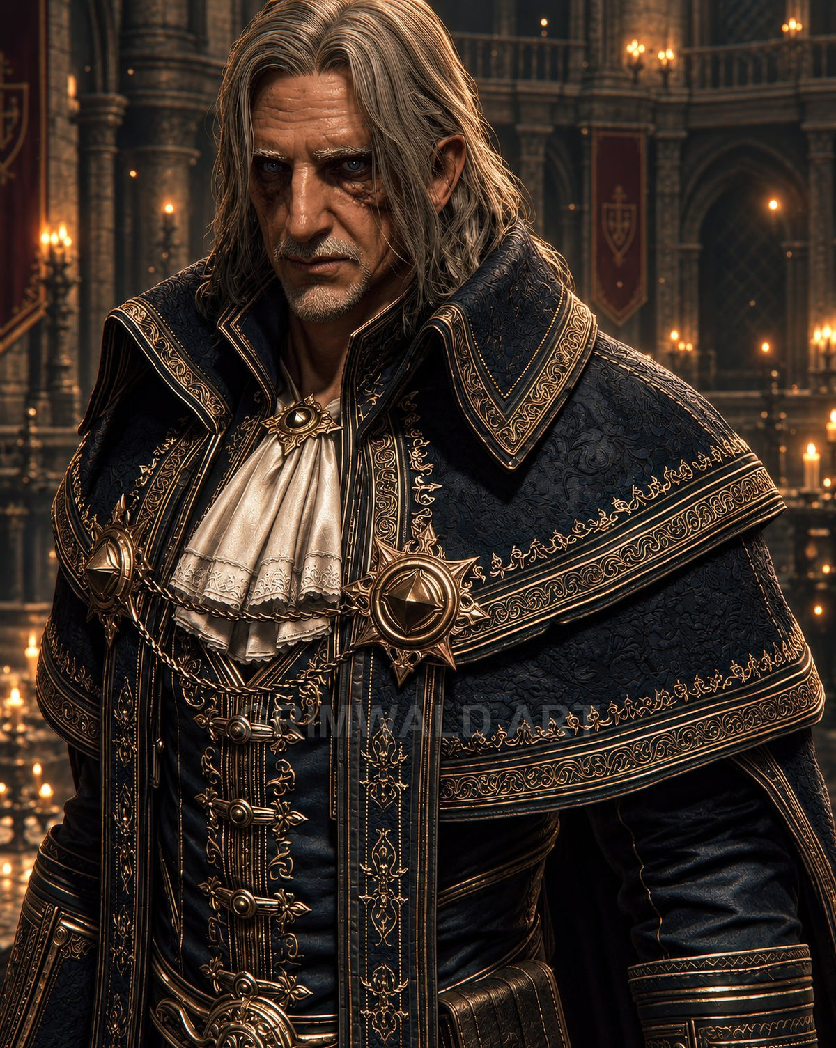 Older man in ornate gold-trimmed dark robes stands in a candlelit cathedral, stern expression and scars, medieval gothic atmosphere with banners and arches.