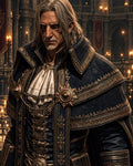 GRID THUMBNAIL — Older man in ornate gold-trimmed dark robes stands in a candlelit cathedral, stern expression and scars, medieval gothic atmosphere with banners and arches.