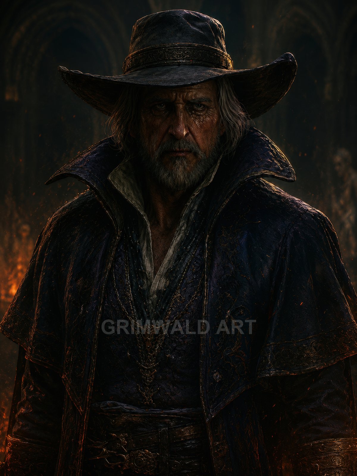 Older man in a wide-brim hat and ornate dark coat stands in a firelit cathedral, embers drifting around his stern, weathered face.