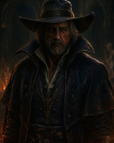 GRID THUMBNAIL — Older man in a wide-brim hat and ornate dark coat stands in a firelit cathedral, embers drifting around his stern, weathered face.