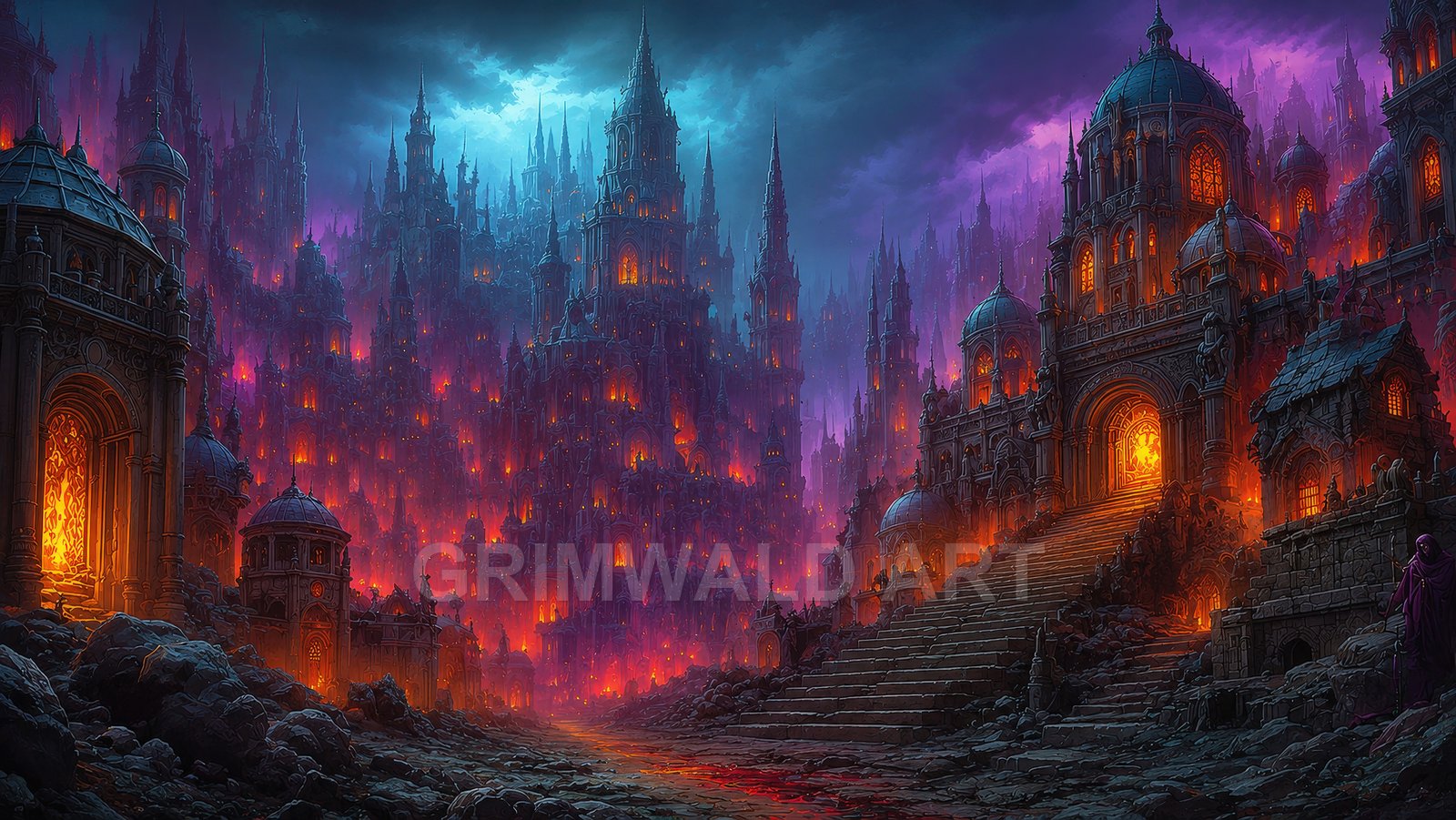 Vast gothic city of towering spires at night, orange firelight pouring from windows, under brooding purple clouds with stone stairways and rocky ruins.