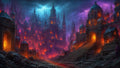 GRID THUMBNAIL — Vast gothic city of towering spires at night, orange firelight pouring from windows, under brooding purple clouds with stone stairways and rocky ruins.