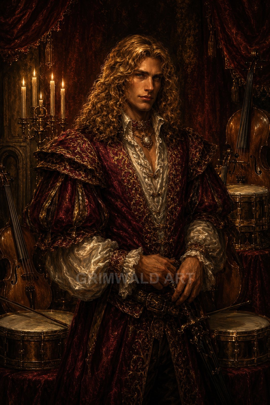 A golden-haired nobleman in ornate crimson brocade stands amid violins and drums, candlelit interior, hand on rapier, rich drapery and jewellery.