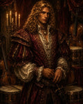 GRID THUMBNAIL — A golden-haired nobleman in ornate crimson brocade stands amid violins and drums, candlelit interior, hand on rapier, rich drapery and jewellery.