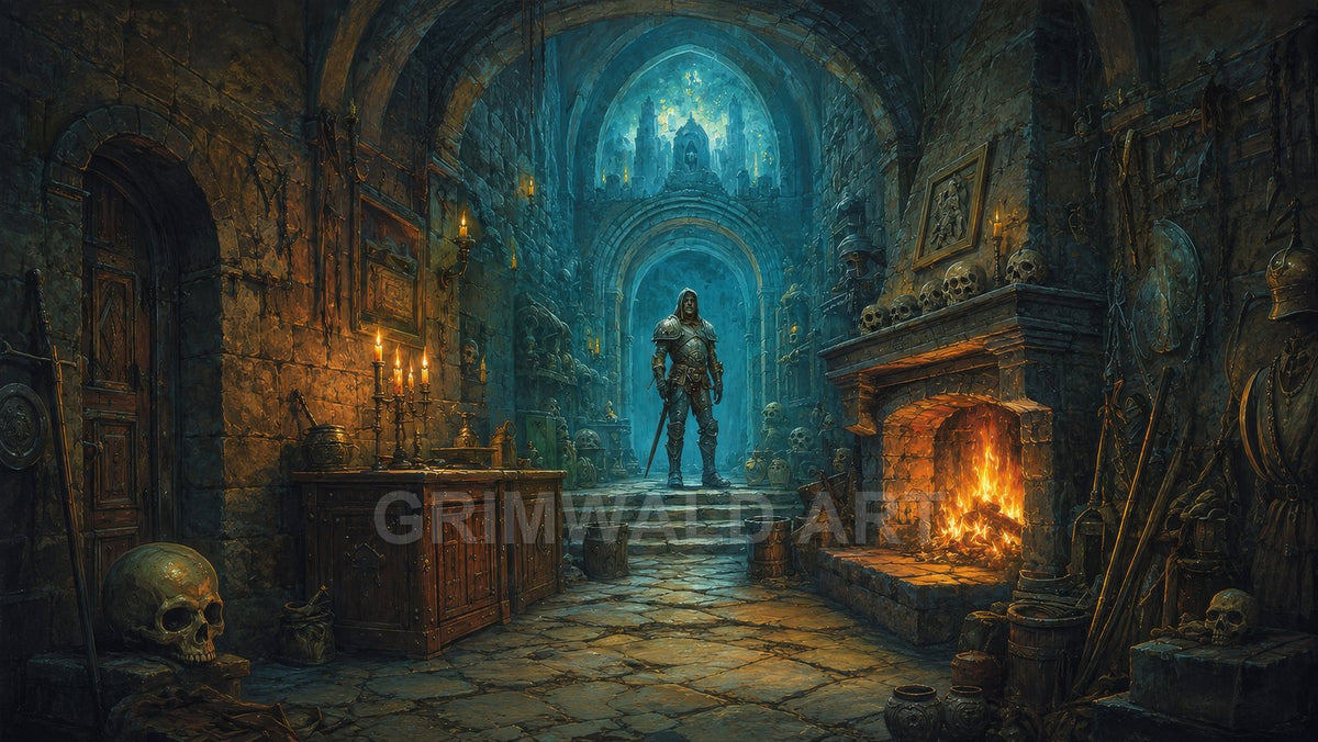 Firelit stone crypt interior with skulls, weapons and candles; a lone armoured figure stands beneath gothic arches in blue-green gloom.
