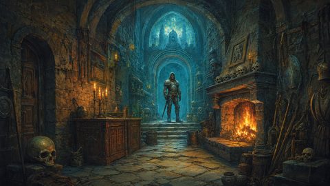 GRID THUMBNAIL — Firelit stone crypt interior with skulls, weapons and candles; a lone armoured figure stands beneath gothic arches in blue-green gloom.