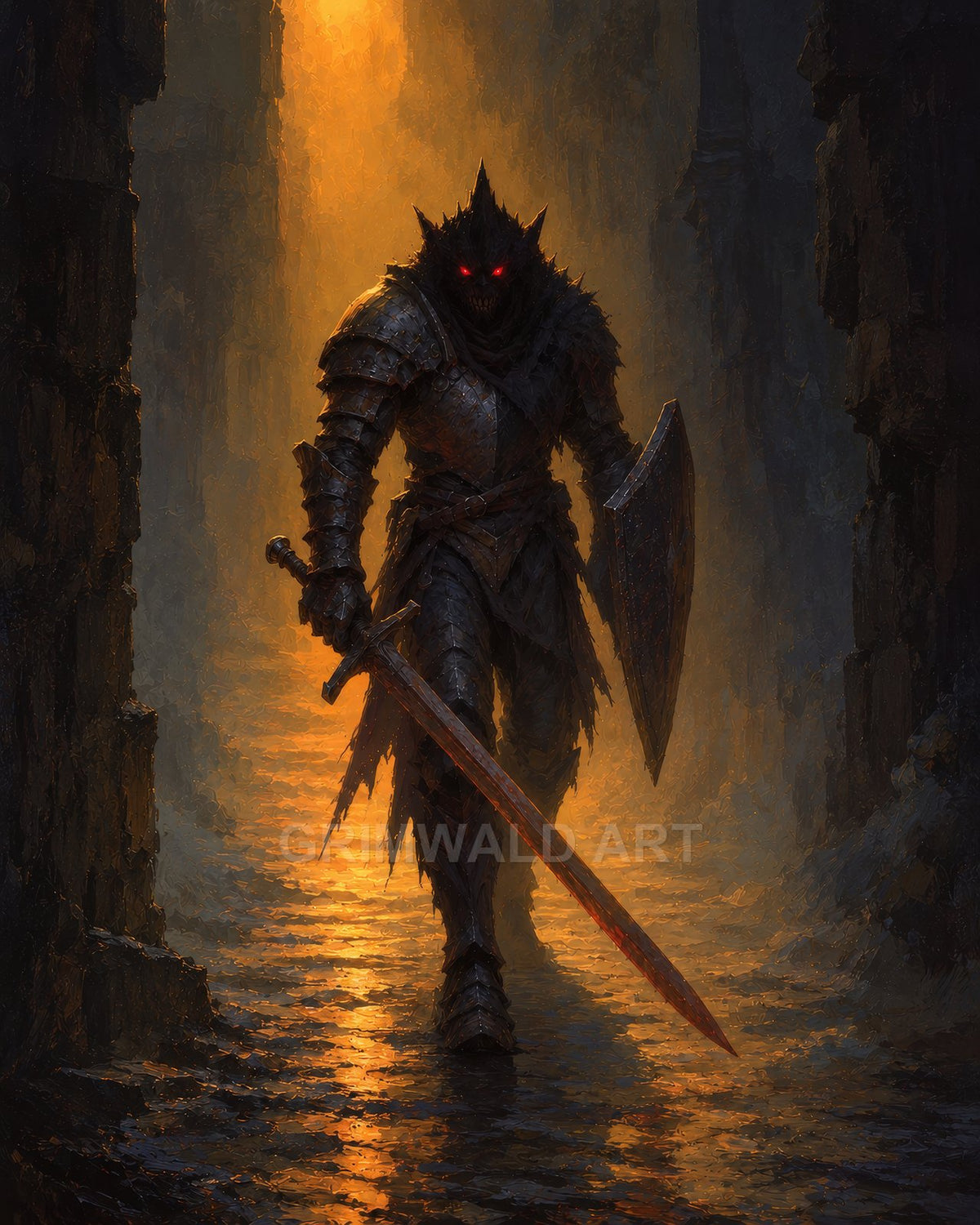 Armoured death knight with glowing red eyes strides from a firelit dungeon passage, brandishing a sword and shield over wet, reflective stone.