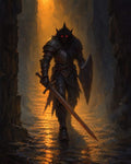 GRID THUMBNAIL — Armoured death knight with glowing red eyes strides from a firelit dungeon passage, brandishing a sword and shield over wet, reflective stone.