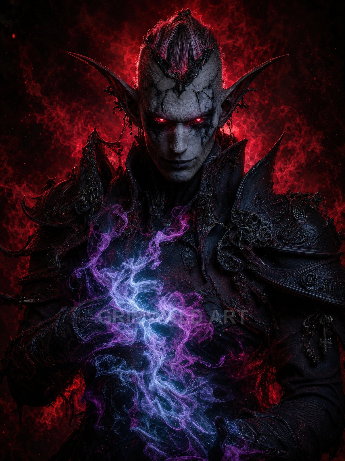 Armoured demonic sorcerer with pointed ears and glowing red eyes conjures purple-blue magical vapour against a fiery red, shadowed background.