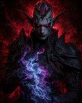 GRID THUMBNAIL — Armoured demonic sorcerer with pointed ears and glowing red eyes conjures purple-blue magical vapour against a fiery red, shadowed background.
