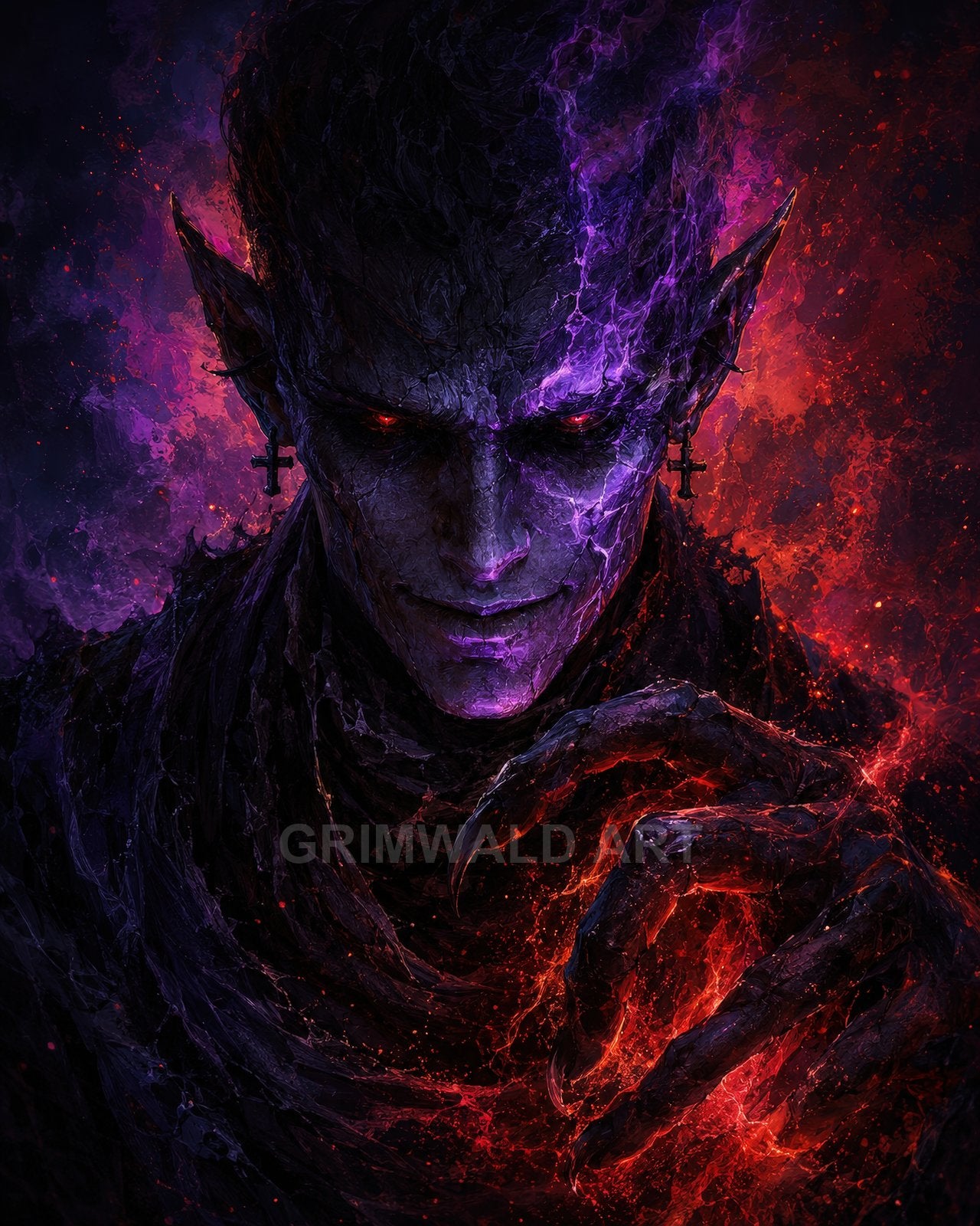 Dark fantasy portrait of a demon sorcerer with red eyes, pointed ears, cross earrings and clawed hand wreathed in purple and crimson fire.
