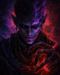 GRID THUMBNAIL — Dark fantasy portrait of a demon sorcerer with red eyes, pointed ears, cross earrings and clawed hand wreathed in purple and crimson fire.