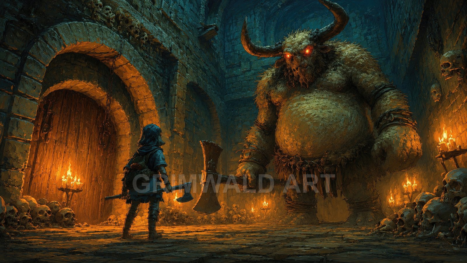 A small adventurer confronts a hulking horned demon with a double-headed axe inside a firelit stone dungeon lined with skulls and candles.